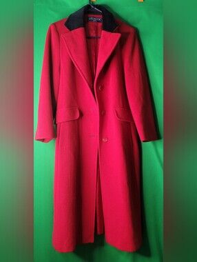 Vtg J.G. Hook Petite 100% Wool Red Long Trench Coat Sz 8